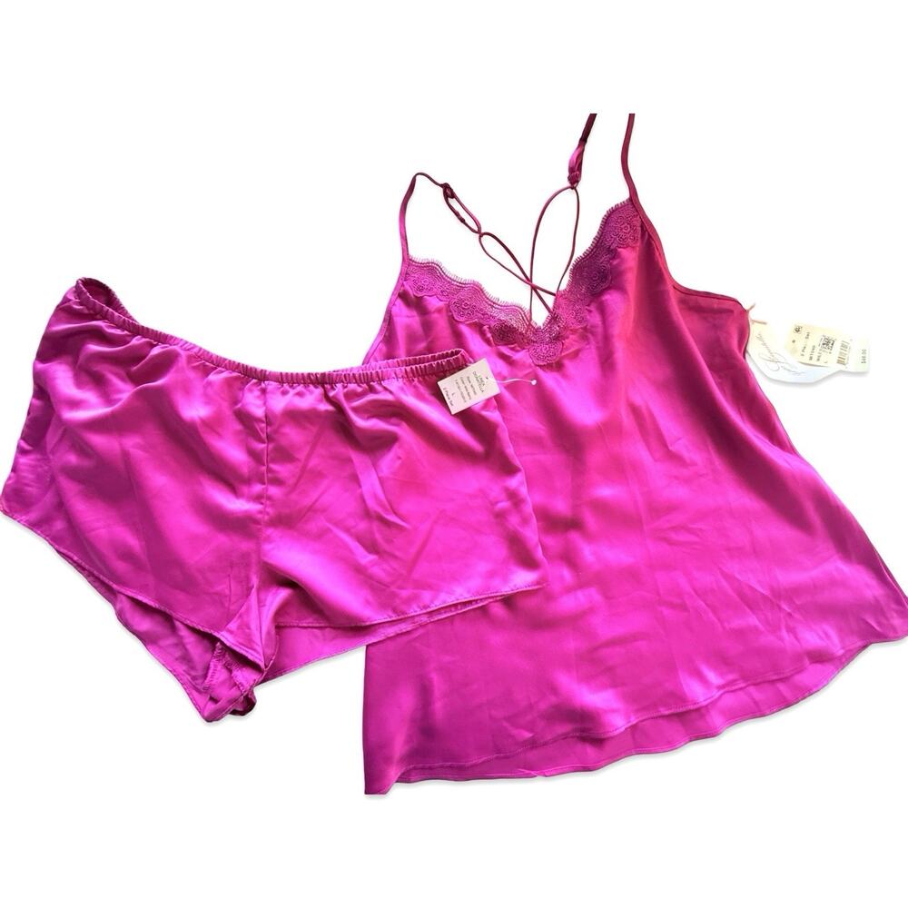 NWT Linea Donatella 3pc Satin Cami Shorts Robe Set Wild Berry Sz L - Picture 2 of 11